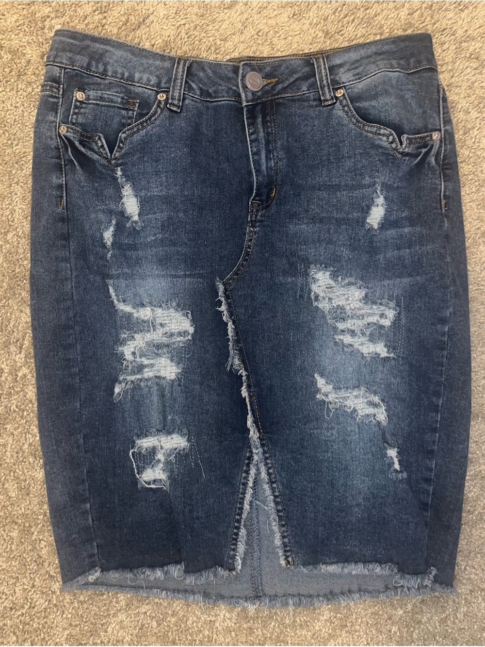 Distressed Dark Wash Denim Pencil Skirt